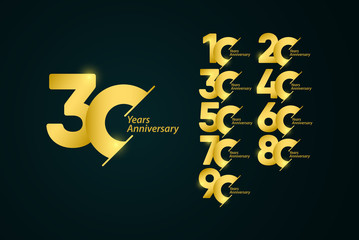 30 Years Anniversary Set Celebrations Gold Yellow Elegant Vector Template Design Illustration - obrazy, fototapety, plakaty