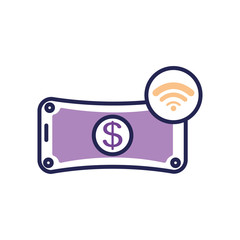 mobile banking concept, money bill and wireless signal symbol, line color style