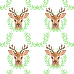 Pattern with Baby Deer. Hand drawn cute fawn on white background. Seamless background