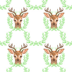 Pattern with Baby Deer. Hand drawn cute fawn on white background. Seamless background