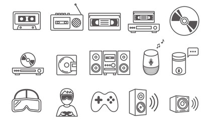Vector illustration for brochure, ads, and web, line icons, music and speakers