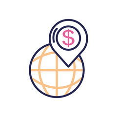 banking online concept, global sphere with location pin with money symbol icon, line color style