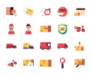 boxes and fast delivery icon set, flat style