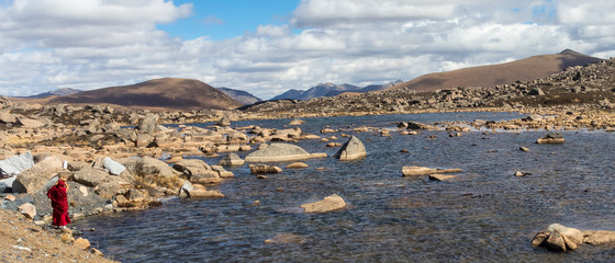 monk at lake in mountains
