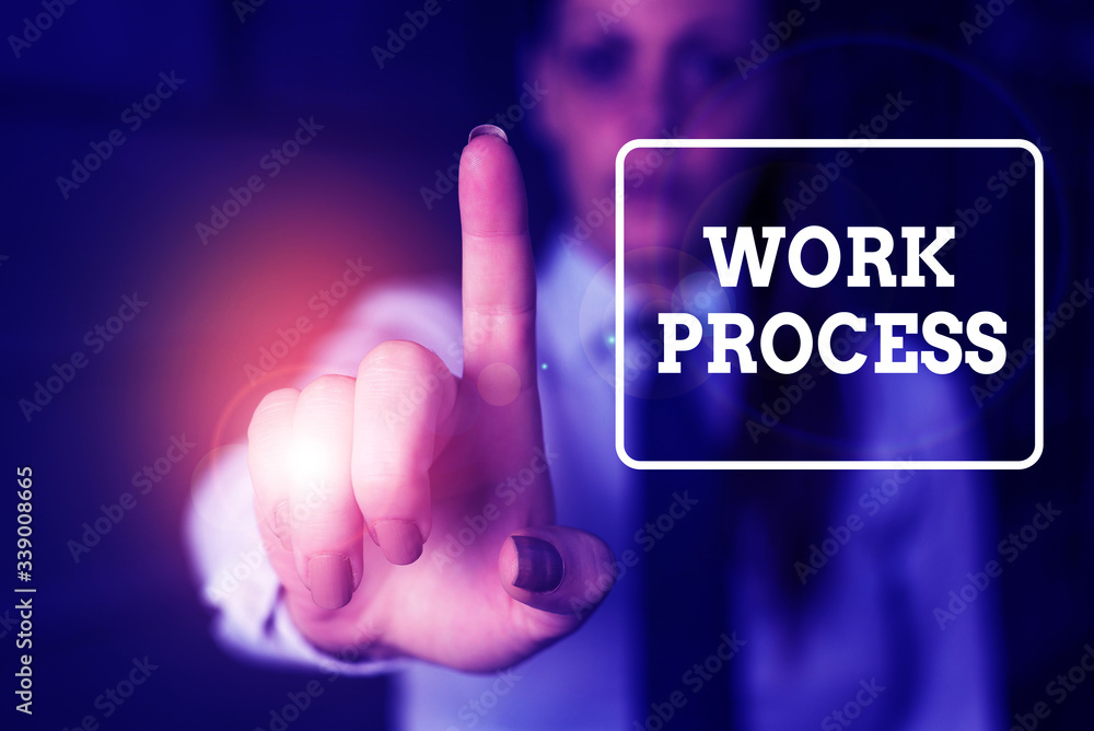 Poster Conceptual hand writing showing Work Process. Concept meaning Standard procedures how to handle a particular job rules system Woman in the background pointing with finger in empty space