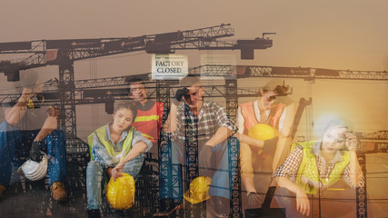 multiexposure industrial background of enemployment construction workers and labor sitting in a...