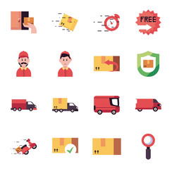 delivery trucks and fast delivery icon set, flat style