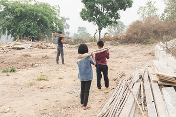 Poor children working transports firewood,.Violence children and trafficking concept,