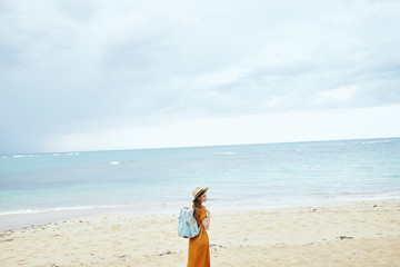 Fototapeta na wymiar Woman on beach vacation travel backpack tourism
