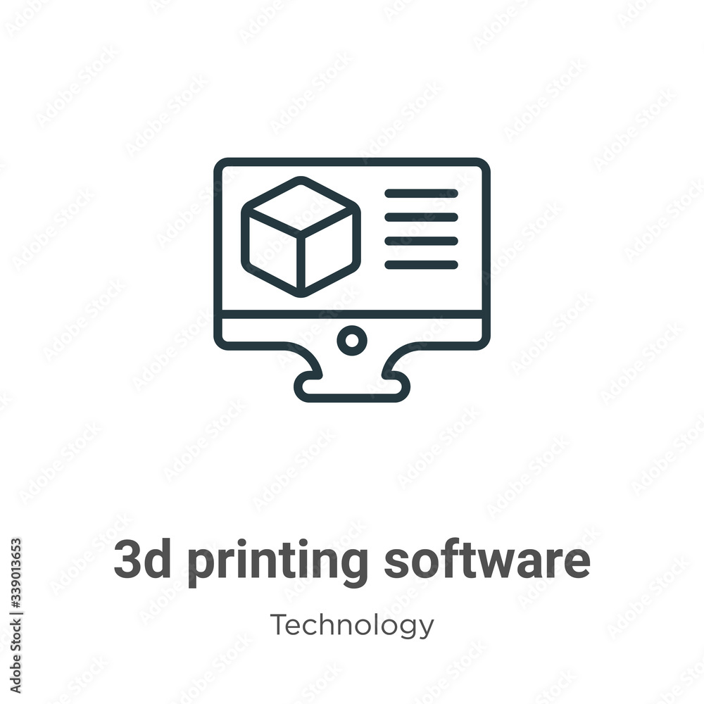 Poster 3d printing software outline vector icon. thin line black 3d printing software icon, flat vector sim