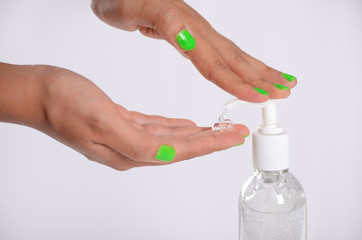 Applying antibacterial gel on hands