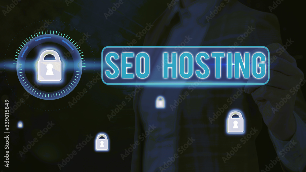 Poster word writing text seo hosting. business photo showcasing building website in a way that is friendly 