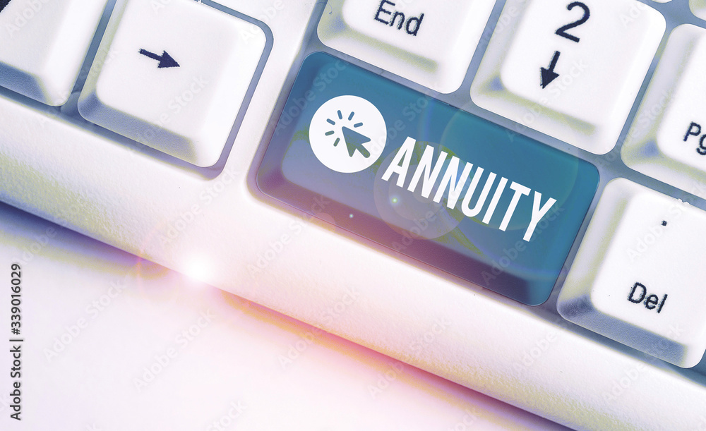 Poster conceptual hand writing showing annuity. concept meaning fixed sum of money paid to someone each yea