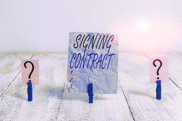 Text sign showing Signing Contract. Business photo showcasing the parties signing the document...
