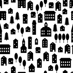 Black and white simple houses and buildings small town empty streets seamless pattern, vector - 339017865