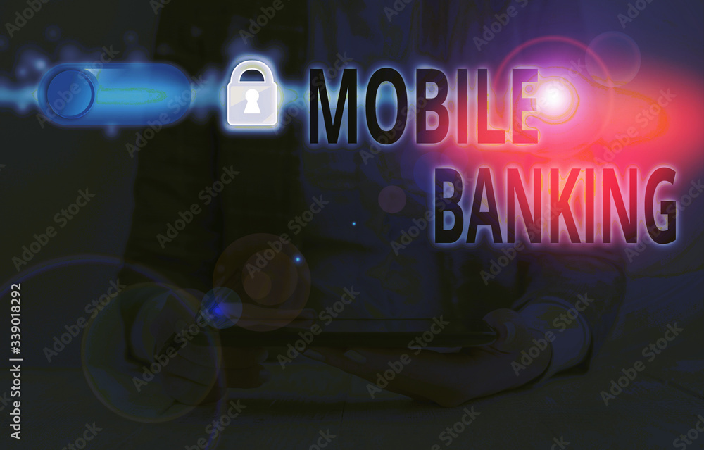 Poster handwriting text mobile banking. conceptual photo use of cellular device to perform online banking t