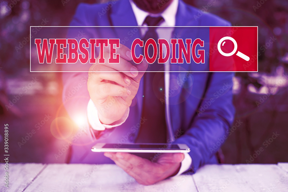 Poster conceptual hand writing showing website coding. concept meaning system of symbols and rules used to 