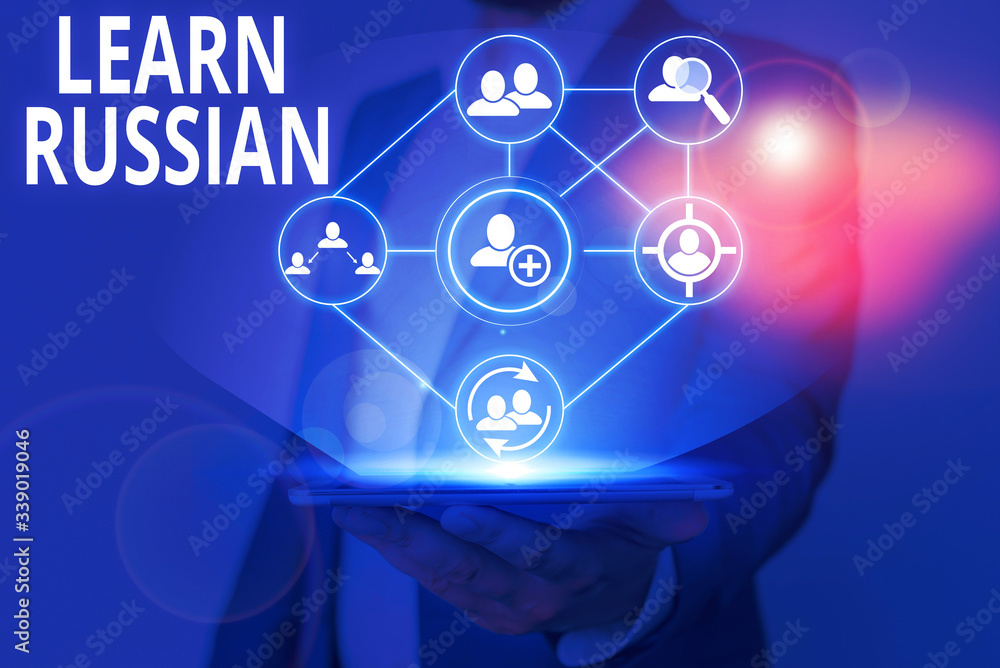 Poster writing note showing learn russian. business concept for gain or acquire knowledge of speaking and w