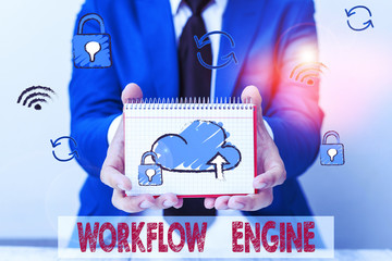 Text sign showing Workflow Engine. Business photo text software application that analysisages...