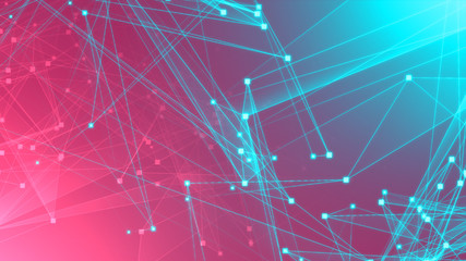 Abstract pink green polygon tech network with connect technology background. Abstract dots and lines texture background. 3d rendering.