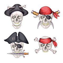 Danger pirate skull set in bandane and hat for tattoo or t-shirt design.