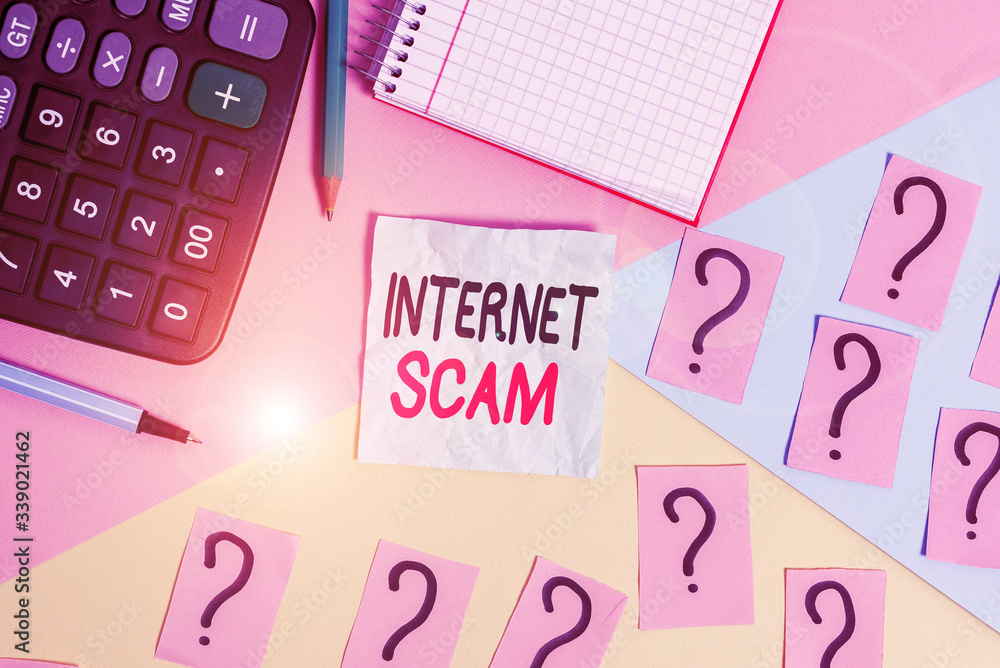 Poster writing note showing internet scam. business concept for type of fraud or scam which makes use of th
