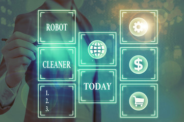 Word writing text Robot Cleaner. Business photo showcasing Intelligent programming and a limited...