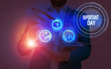 Conceptual hand writing showing Important Day. Concept meaning Better, greater, or otherwise different day from what is usual Elements of this image furnished by NASA
