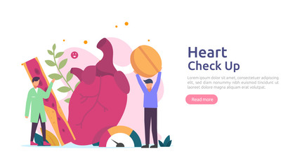 Heart health, disease, cardiology concept with character. hypertension symptoms & cholesterol blood pressure measurement. Medical examination doctor checkup services for healthcare and transplantation