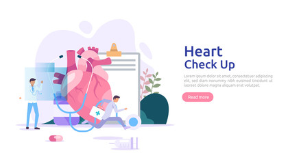 Heart health, disease, cardiology concept with character. hypertension symptoms & cholesterol blood pressure measurement. Medical examination doctor checkup services for healthcare and transplantation