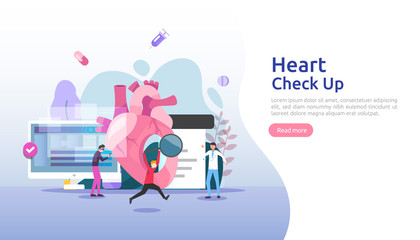 Heart health, disease, cardiology concept with character. hypertension symptoms & cholesterol blood pressure measurement. Medical examination doctor checkup services for healthcare and transplantation