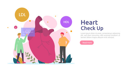 Heart health, disease, cardiology concept with character. hypertension symptoms & cholesterol blood pressure measurement. Medical examination doctor checkup services for healthcare and transplantation