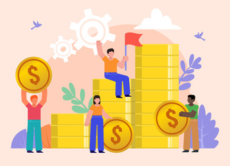 Group of people stand near big stack of golden coins. Savings or income increase, growth. Poster for social media, web page, banner, presentation. Flat design vector illustration