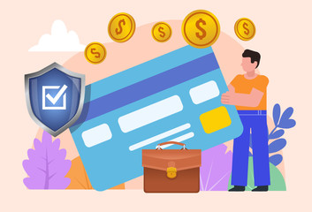 Obraz premium Man holds big credit card. Safe, secure payment with credit card. Poster for social media, web page, banner, presentation. Flat design vector illustration