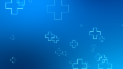 Medical health blue cross neon light shapes pattern background. Abstract healthcare technology and science concept.