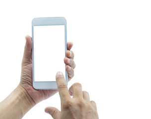 Close-up shot of Man hand holding white mobile smartphone and use pointing with finger for touch on screen. blank white screen display for mock-up isolated on white background with clipping path.