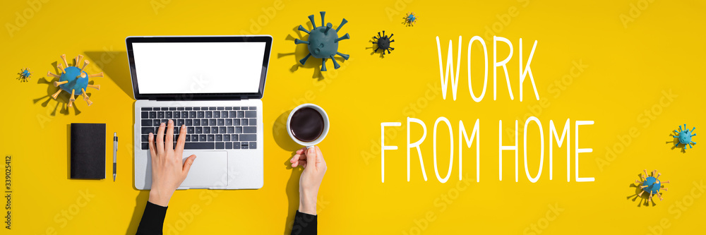 Poster work from home theme with laptop computer with viruses
