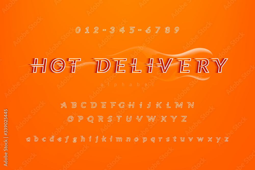 Fototapete hot delivery food service theme alphabet font set with uppercase lowercase and numbers on colorful o