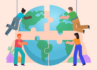 Earth day, environment protection or care concept. Group of people combine earth globe puzzle. Poster for social media, web page, banner, presentation. Flat design vector illustration