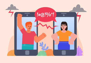 Internet bullying, trolling. Angry man and woman argue by phone. Poster for social media, web page, banner, presentation. Flat design vector illustration