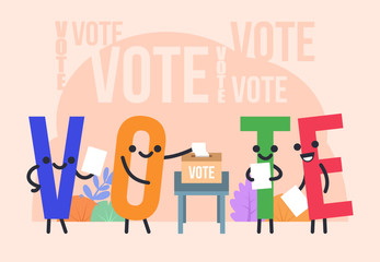 Funny vote characters stand near voting box. Call to vote. Poster for social media, web page, banner, presentation. Flat design vector illustration
