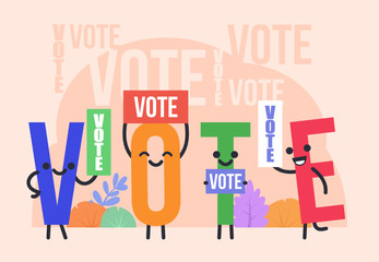 Funny vote characters calling people to take part in election. Poster for social media, web page, banner, presentation. Flat design vector illustration