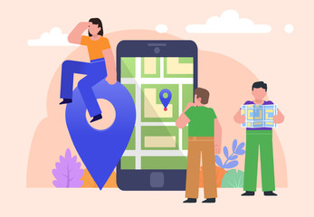 Location pin, map navigation by phone. Group of people stand near big phone with digital map. Poster for social media, web page, banner, presentation. Flat design vector illustration