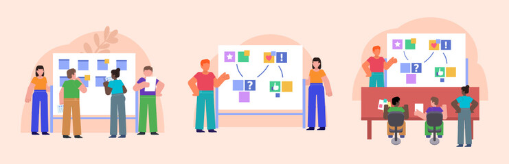 Brainstorming, presentation or team meeting concept. Group of people stand near whiteboard and discuss. Flat design vector illustrations for social media, web page, banner, presentation