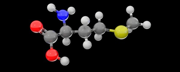 3d glass chemical structure of methionine molecule
