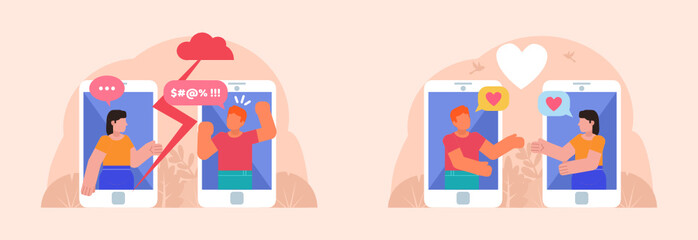 Fototapeta premium Online bullying, trolling. Fall in love, phone app or website for blind dates. Poster for social media, web page, banner, presentation. Flat design vector illustration