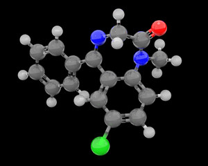 3d glass chemical structure of valium molecule