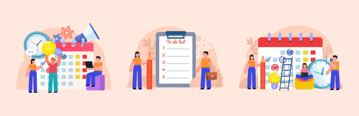 Time management, workday, week planning concept. Group of people stand near big calendar, to do list. Poster for social media, web page, banner, presentation. Flat design vector illustration