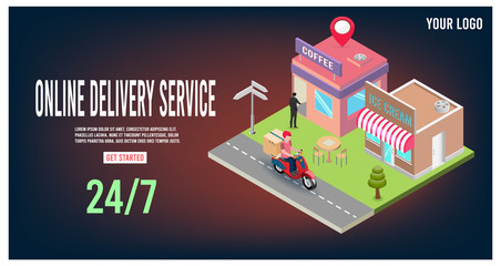 Online delivery service concept with delivery man ride scooter delivering parcel box. vector illustration.
