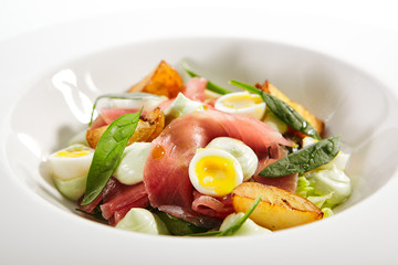 Tuna salad, baked potatoes and boiled quail eggs